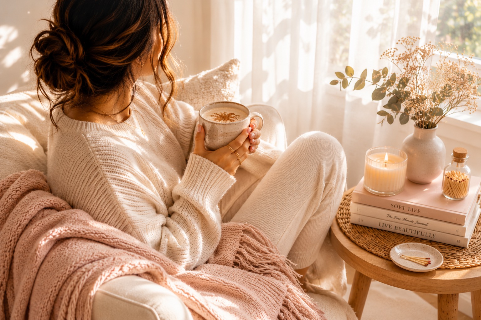 A calm, restful moment with a warm drink